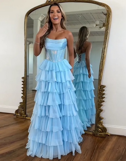 Stella | Corset Tiered Ruffle Strapless Prom Dress