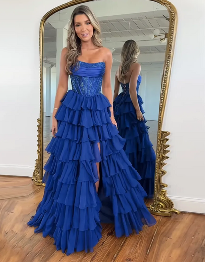 Stella | Corset Tiered Ruffle Strapless Prom Dress