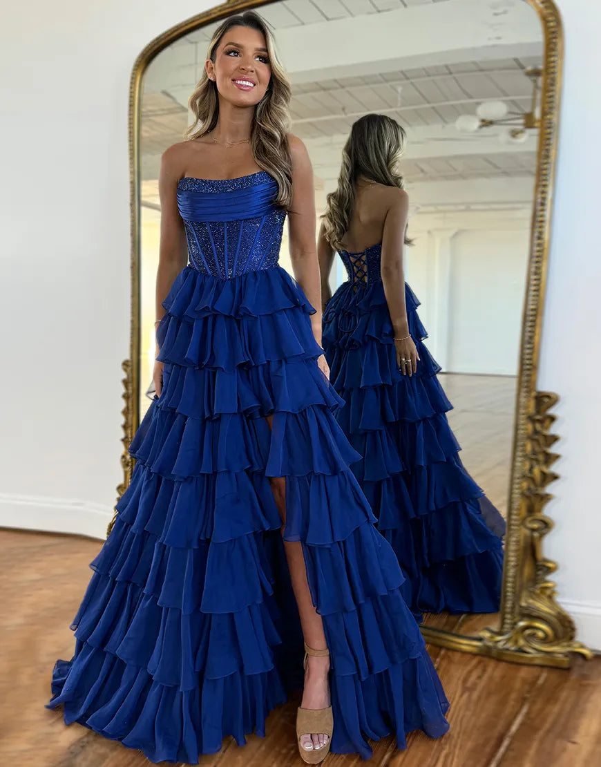 Stella | Corset Tiered Ruffle Strapless Prom Dress