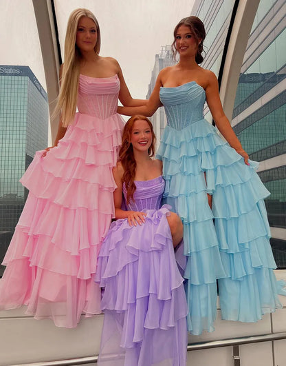 Stella | Corset Tiered Ruffle Strapless Prom Dress