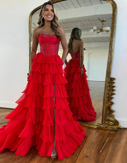 Stella | Corset Tiered Ruffle Strapless Prom Dress