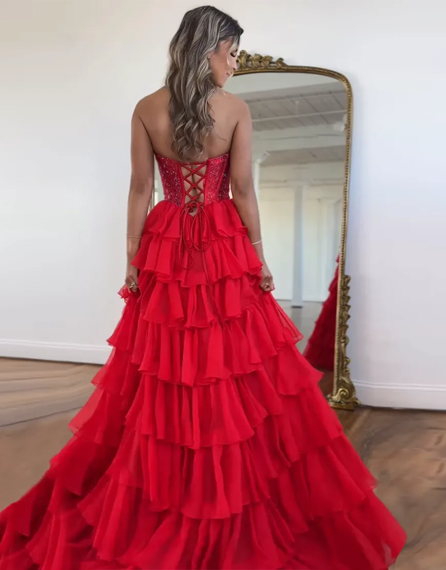 Stella | Corset Tiered Ruffle Strapless Prom Dress