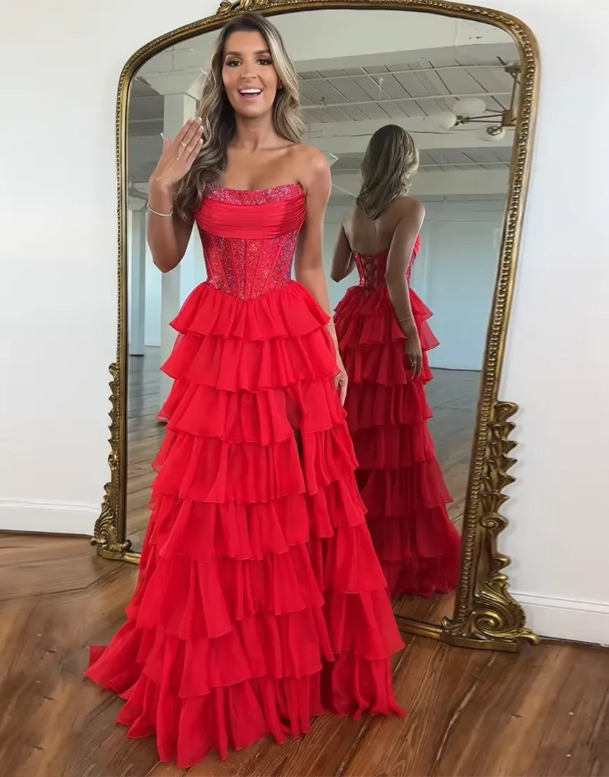Stella | Corset Tiered Ruffle Strapless Prom Dress