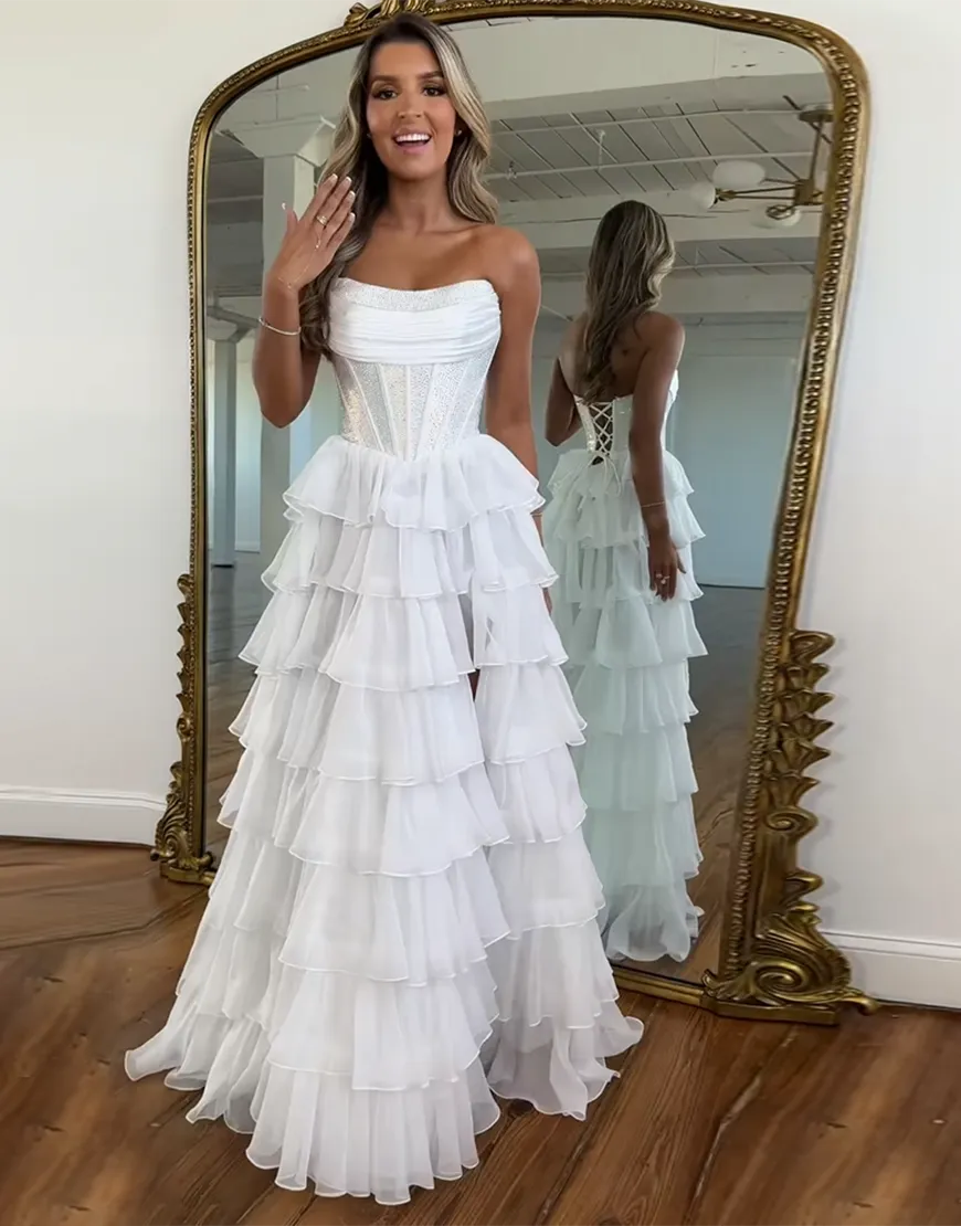 Stella | Corset Tiered Ruffle Strapless Prom Dress