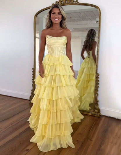 Stella | Corset Tiered Ruffle Strapless Prom Dress
