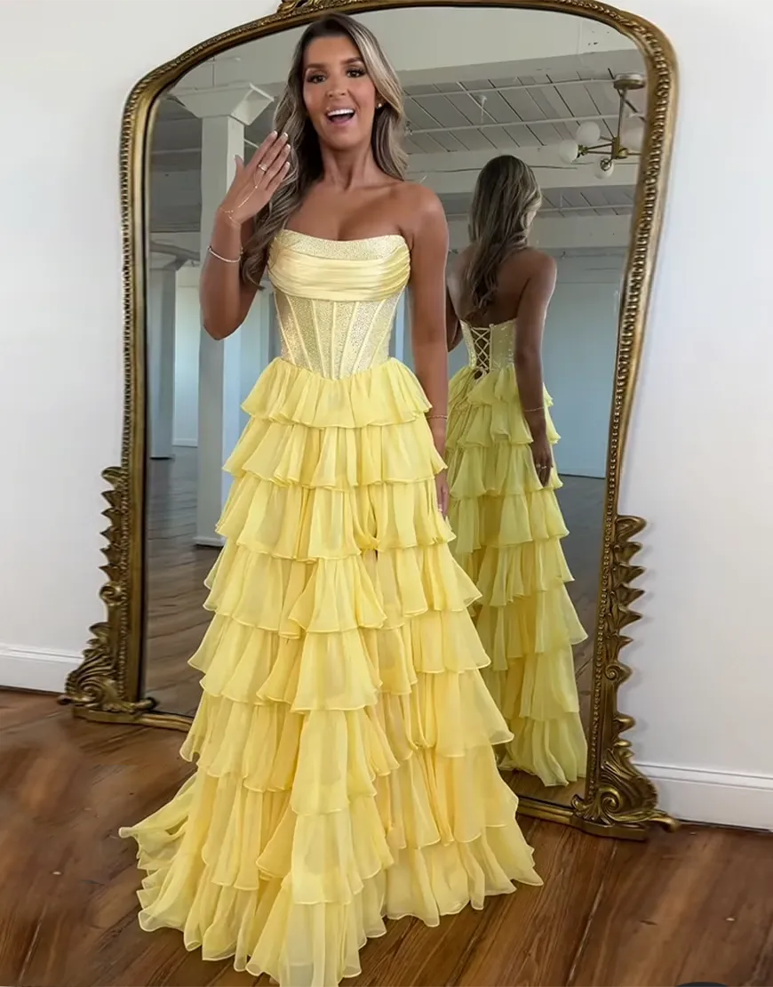 Stella | Corset Tiered Ruffle Strapless Prom Dress