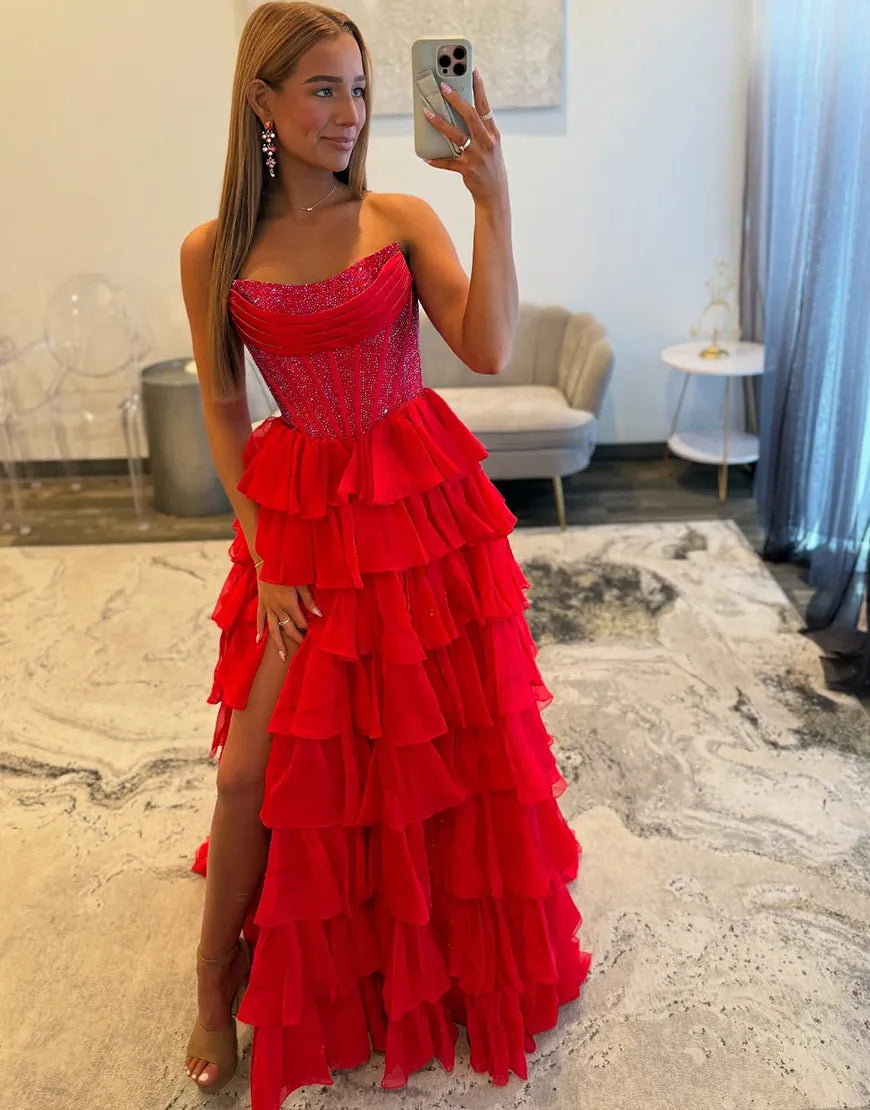 Stella | Corset Tiered Ruffle Strapless Prom Dress