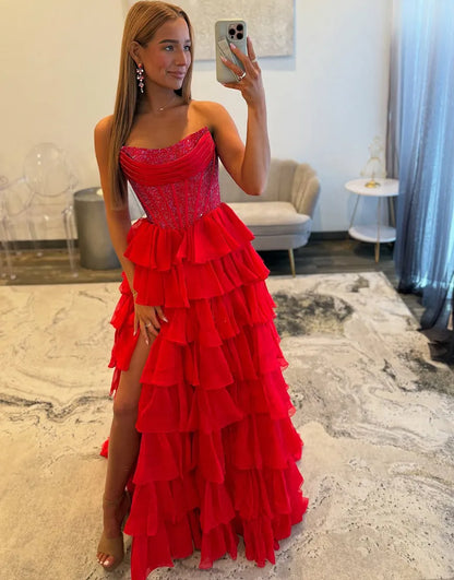 Stella | Corset Tiered Ruffle Strapless Prom Dress