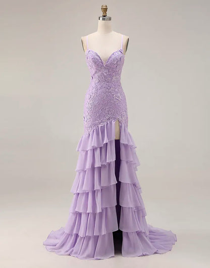 Naomi | Lace Appliqué Ruffle Mermaid Prom Dress