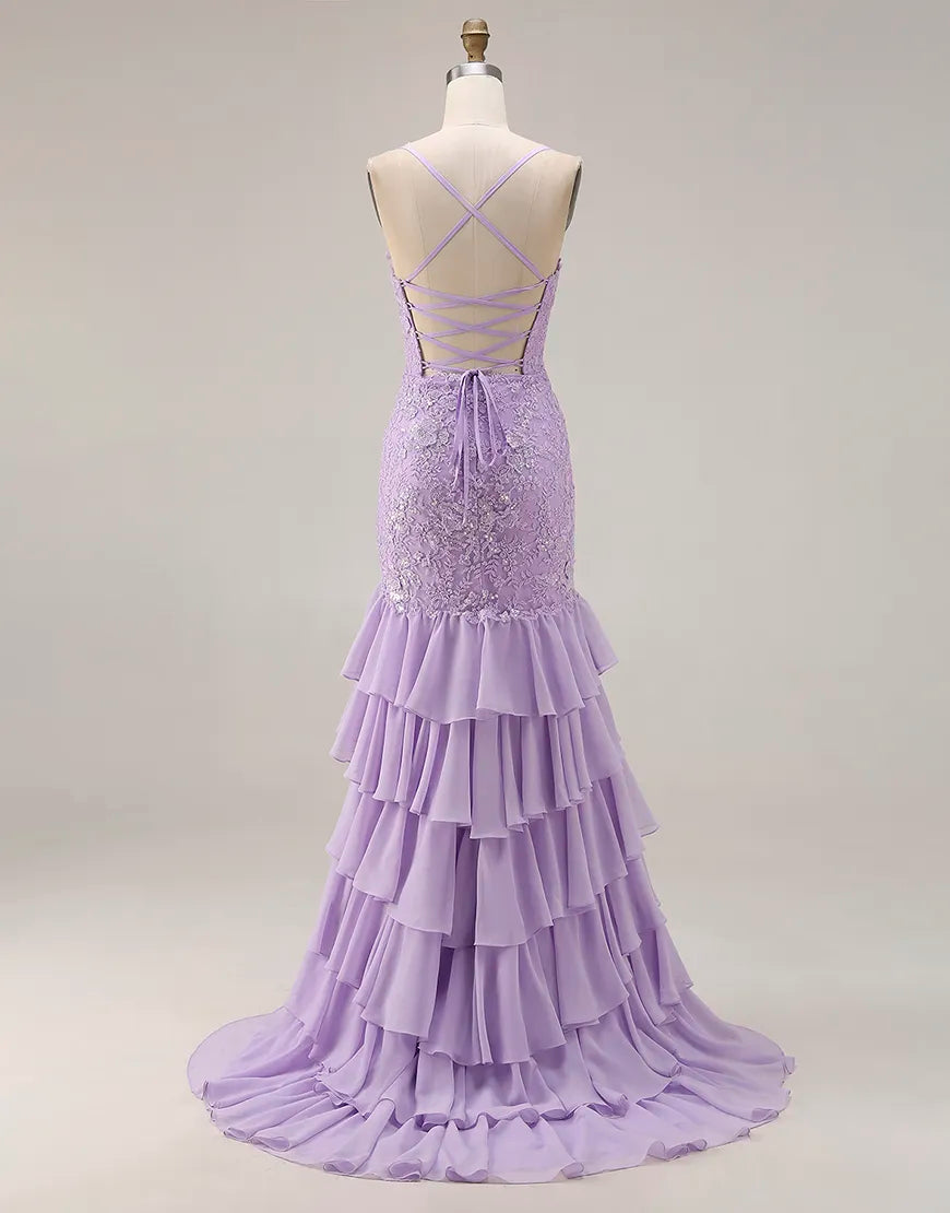 Naomi | Lace Appliqué Ruffle Mermaid Prom Dress