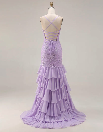 Naomi | Lace Appliqué Ruffle Mermaid Prom Dress