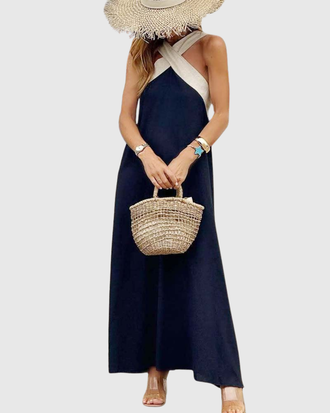 Skye | Linen Cross Halter Neck Maxi Sundress