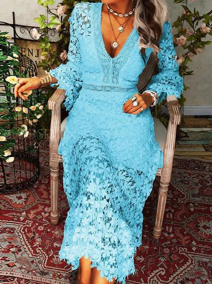 Katie | Floral Cutout Lace V Neck Midi Dress