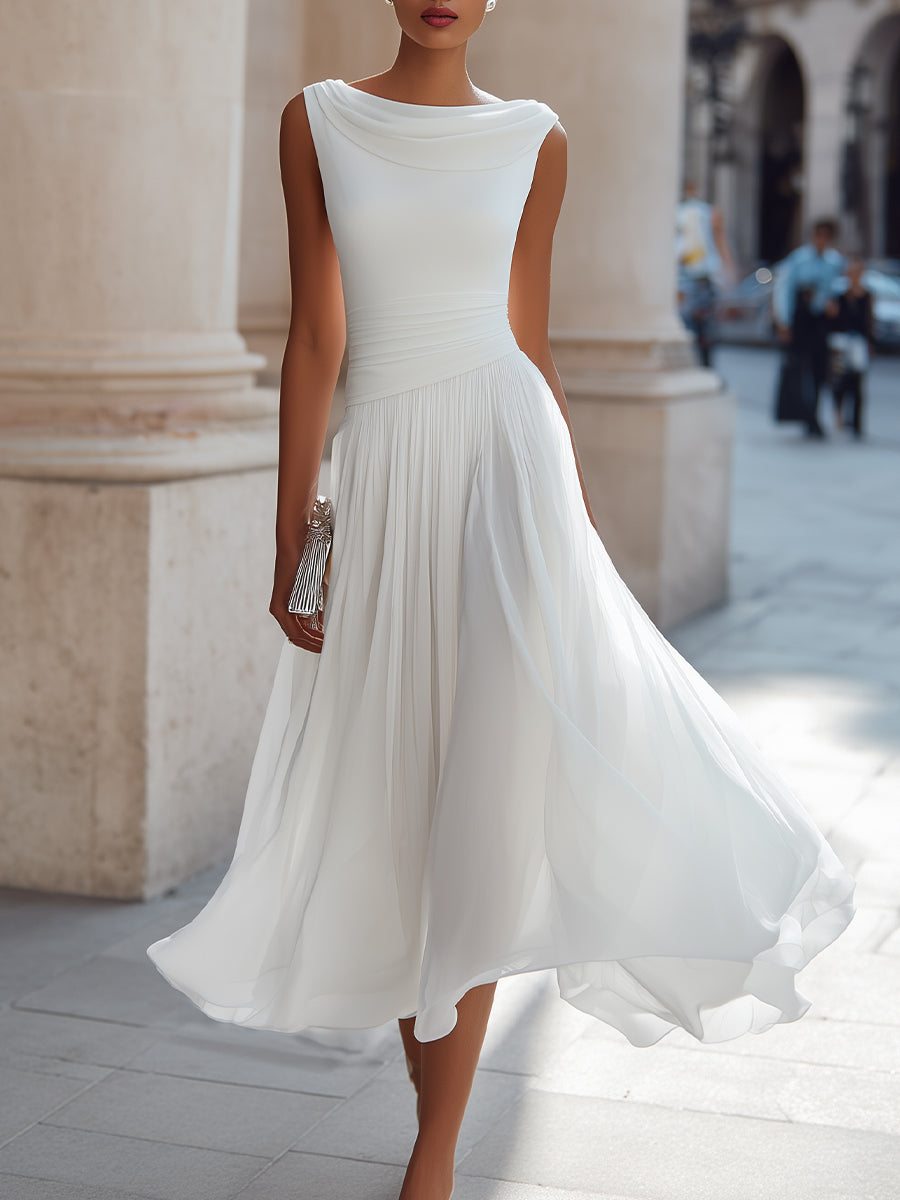 Fiona | Draped Neck Chiffon Formal Midi Dress