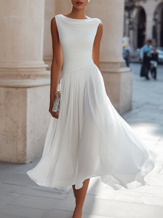 Fiona | Draped Neck Chiffon Formal Midi Dress