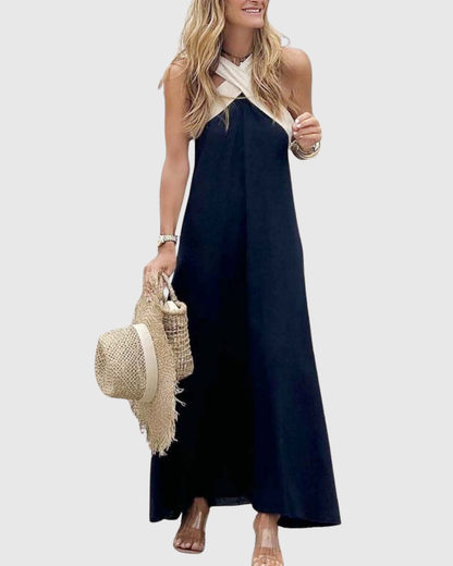 Skye | Linen Cross Halter Neck Maxi Sundress