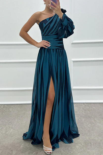Iris | Striped One Shoulder Slit Formal Maxi Dress