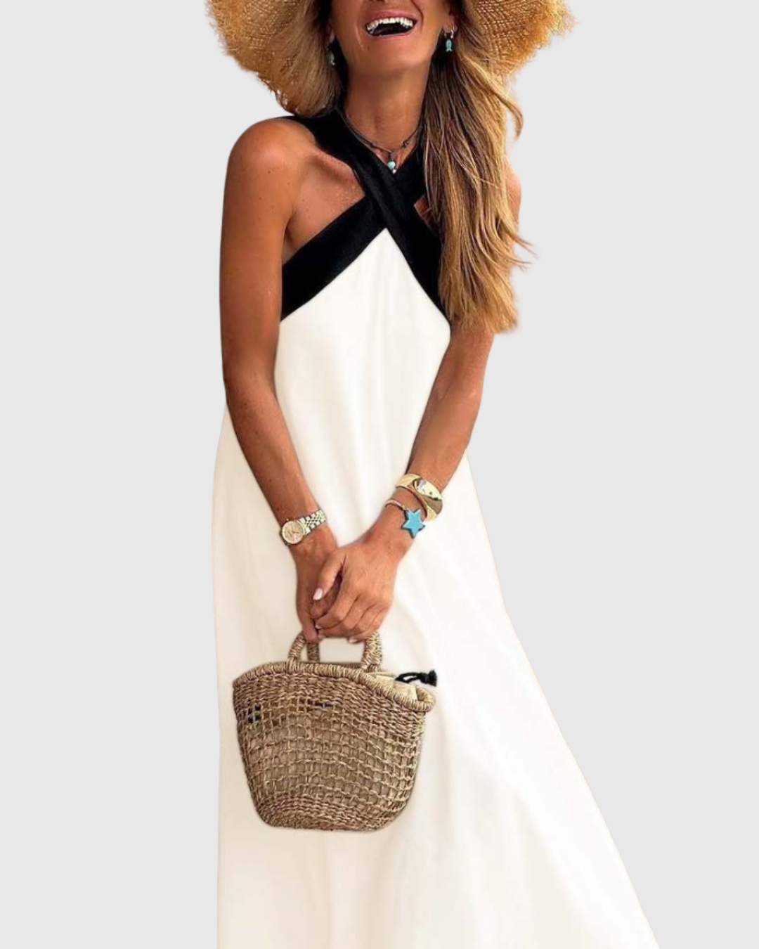 Skye | Linen Cross Halter Neck Maxi Sundress