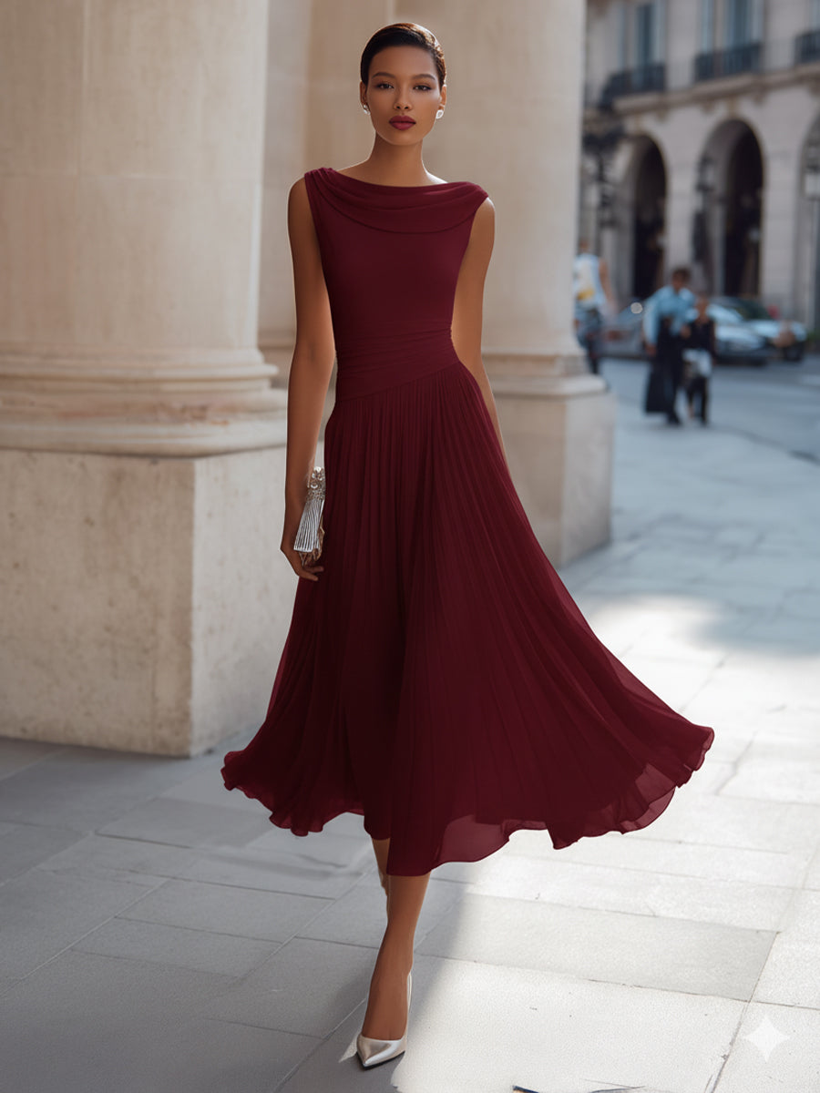 Fiona | Draped Neck Chiffon Formal Midi Dress
