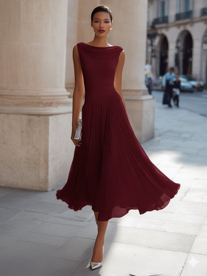Fiona | Draped Neck Chiffon Formal Midi Dress