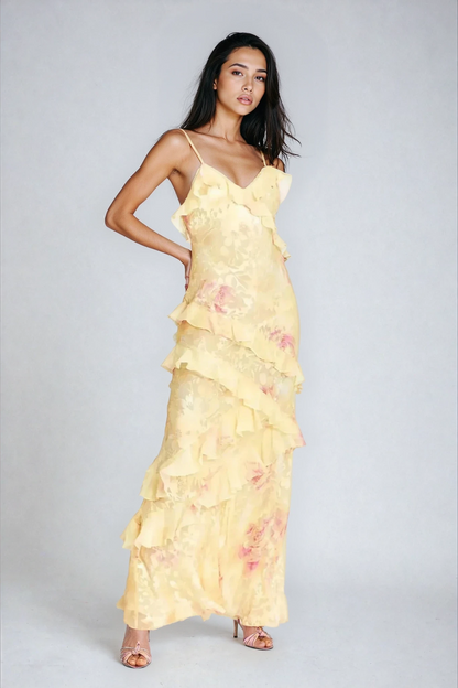 Simone | Floral Ruffle Open Back Summer Maxi Dress
