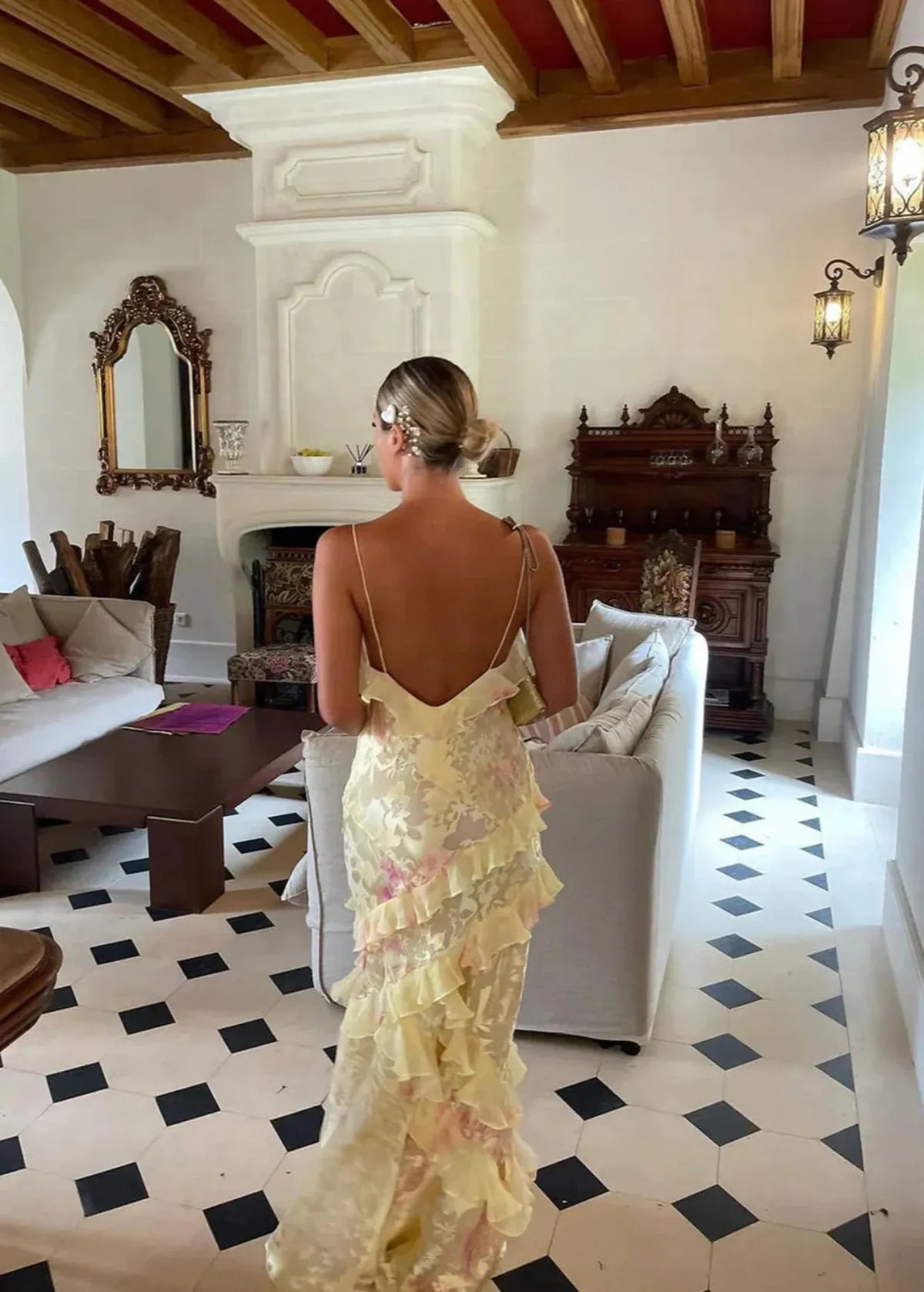 Simone | Floral Ruffle Open Back Summer Maxi Dress
