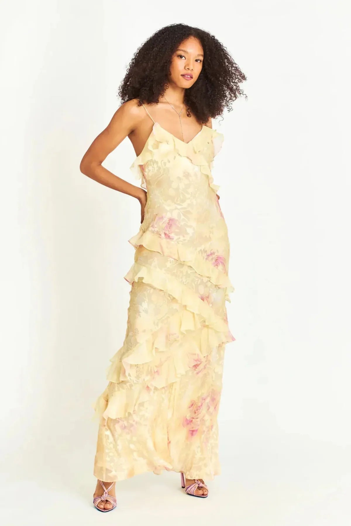 Simone | Floral Ruffle Open Back Summer Maxi Dress