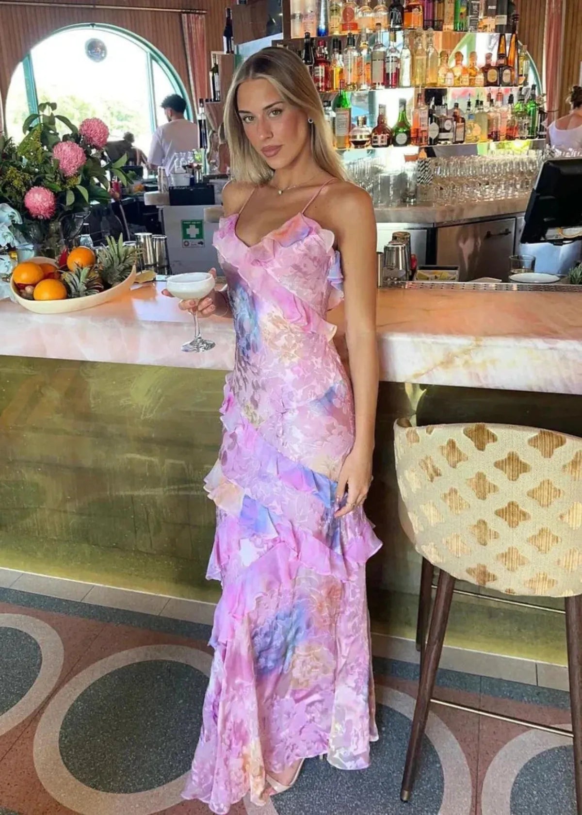 Simone | Floral Ruffle Open Back Summer Maxi Dress