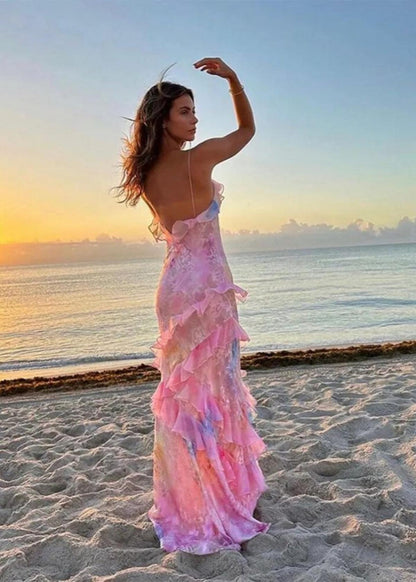 Simone | Floral Ruffle Open Back Summer Maxi Dress