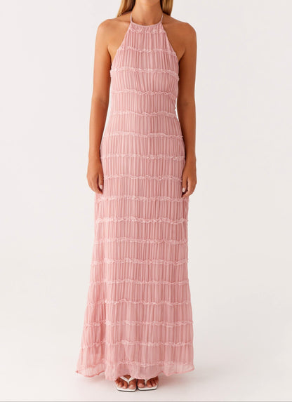 Ava | Pleated Lace Trim Halter Bridesmaid Dress