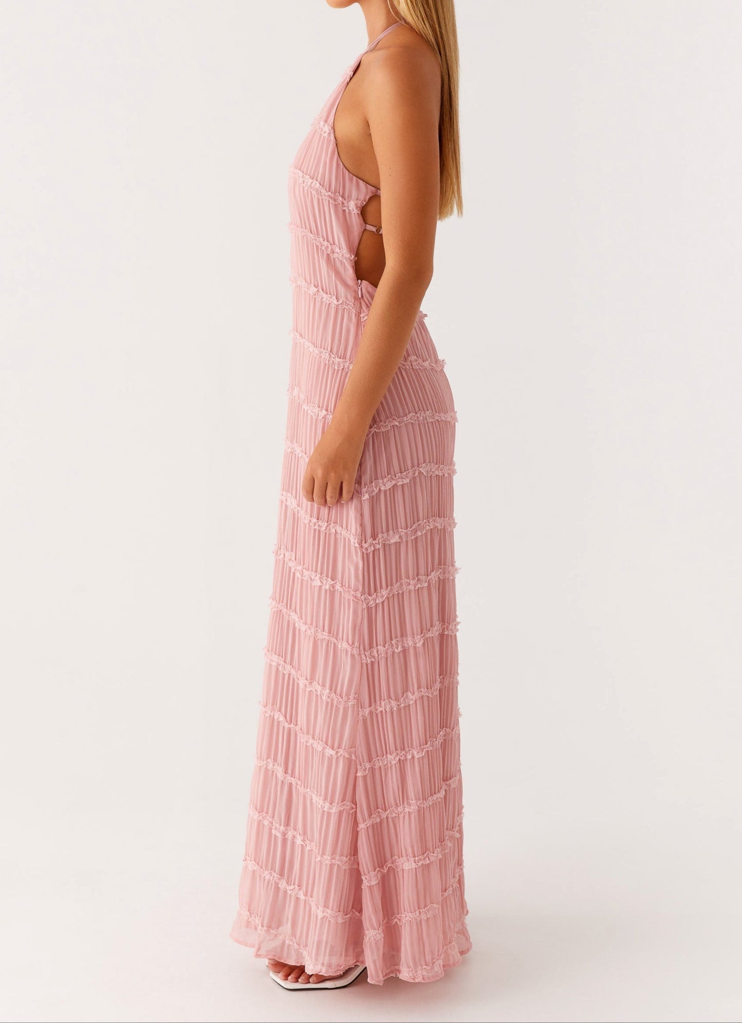 Ava | Pleated Lace Trim Halter Bridesmaid Dress