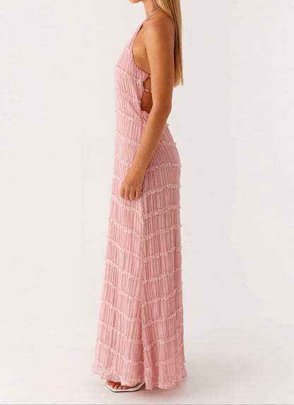 Ava | Pleated Lace Trim Halter Bridesmaid Dress