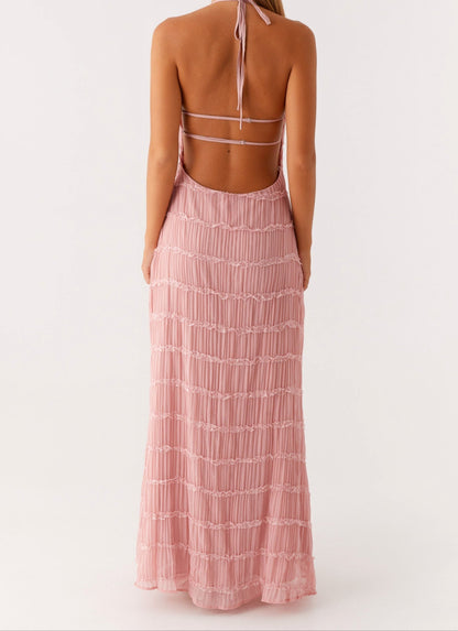 Ava | Pleated Lace Trim Halter Bridesmaid Dress