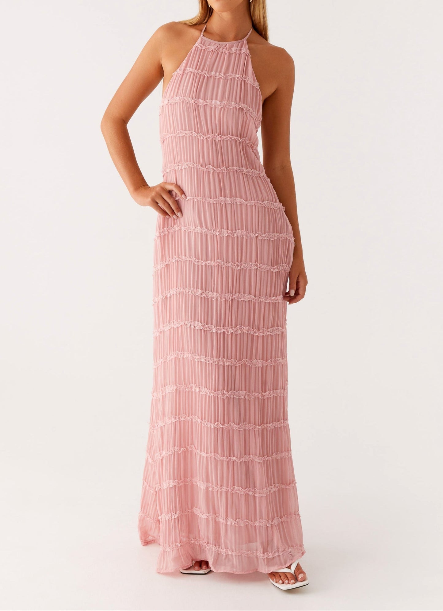 Ava | Pleated Lace Trim Halter Bridesmaid Dress