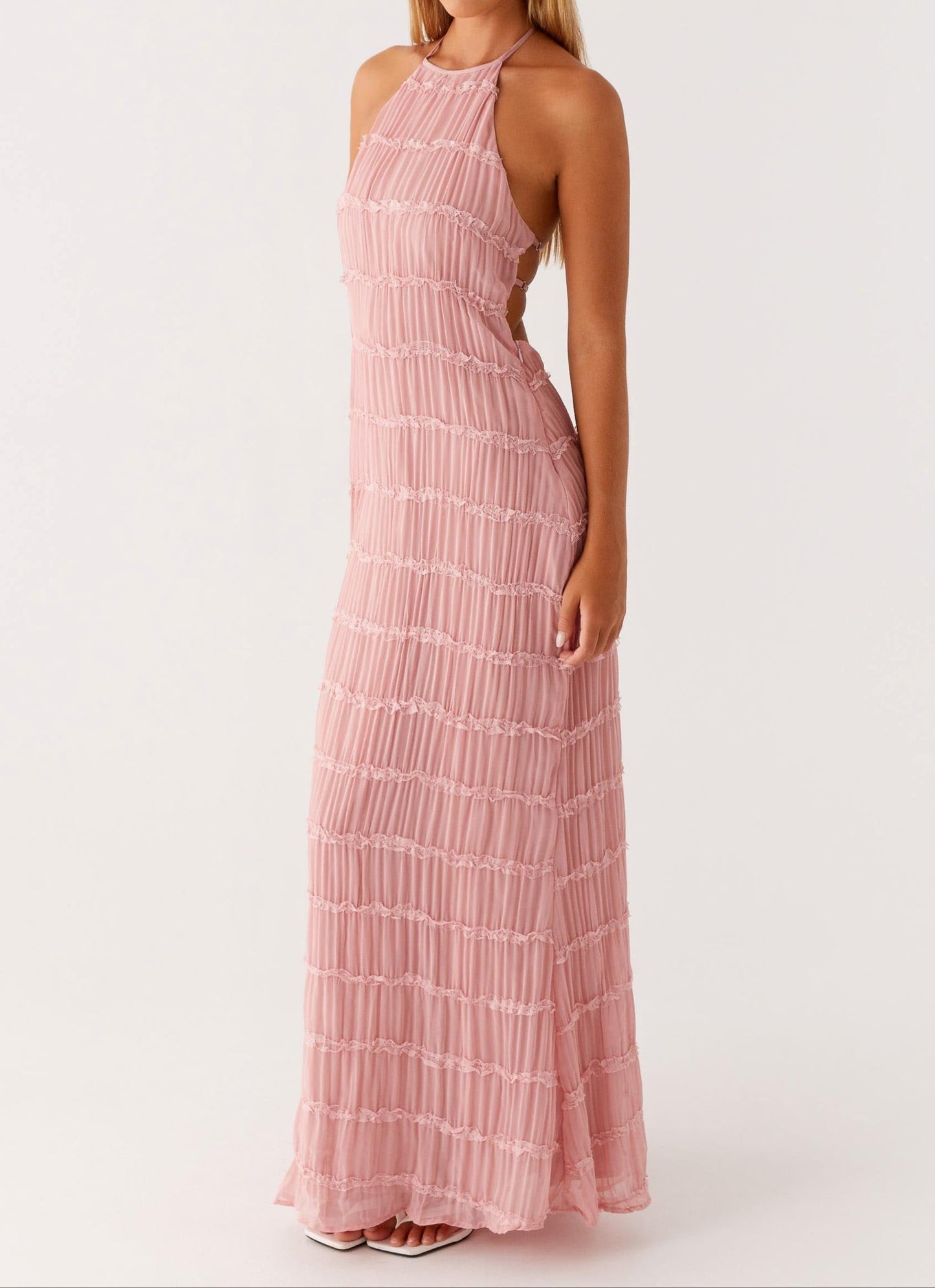 Ava | Pleated Lace Trim Halter Bridesmaid Dress
