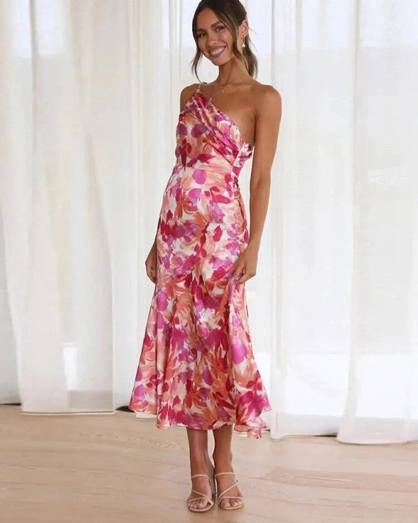 Noelle | One Shoulder Floral Summer Wedding Guest Midi Dress