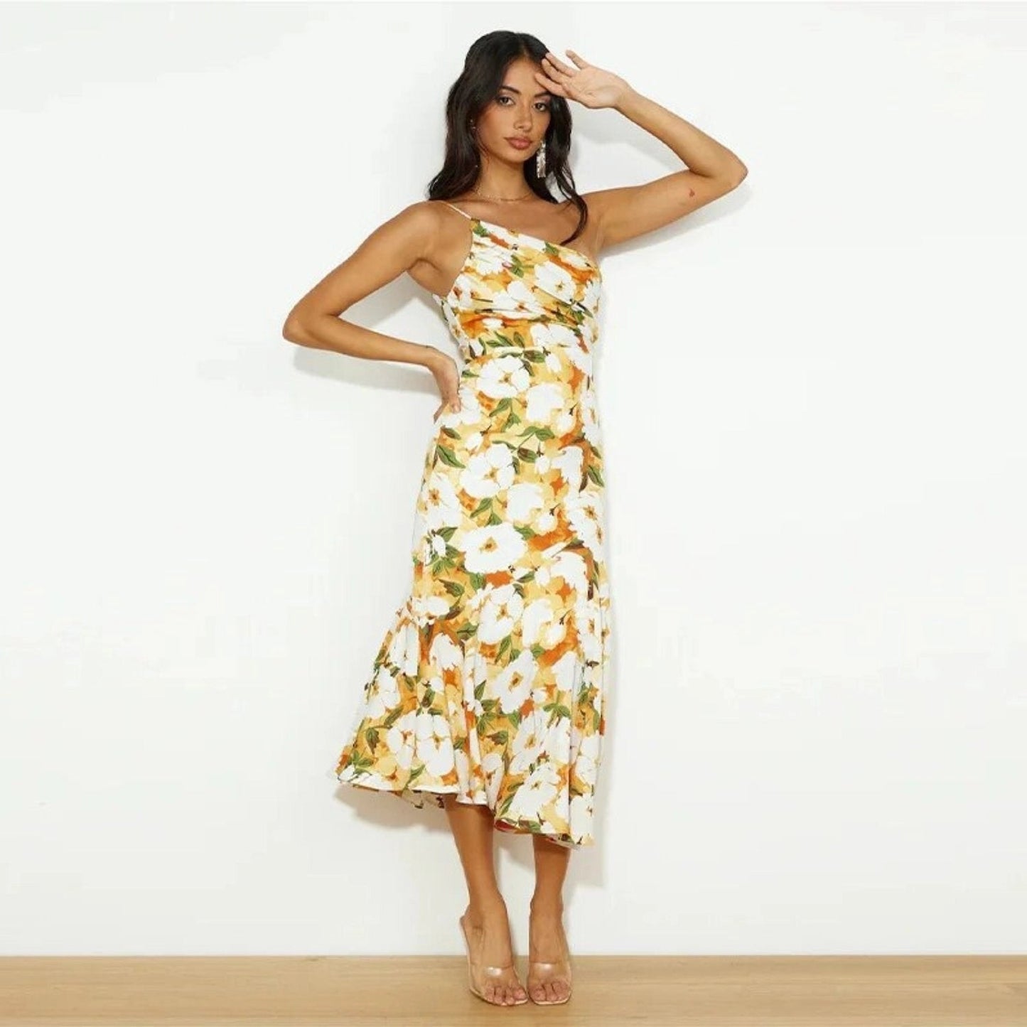 Noelle | One Shoulder Floral Summer Wedding Guest Midi Dress