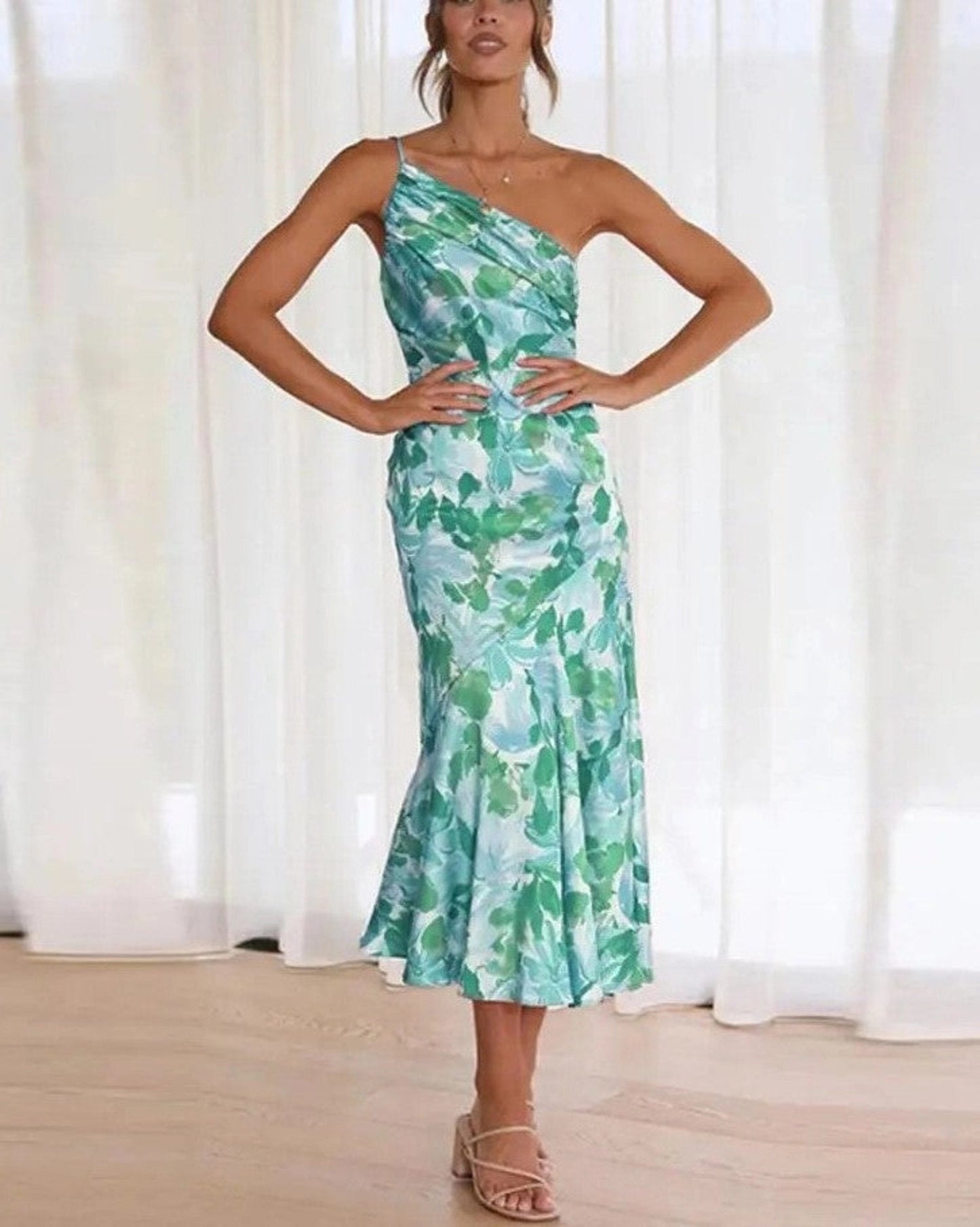 Noelle | One Shoulder Floral Summer Wedding Guest Midi Dress