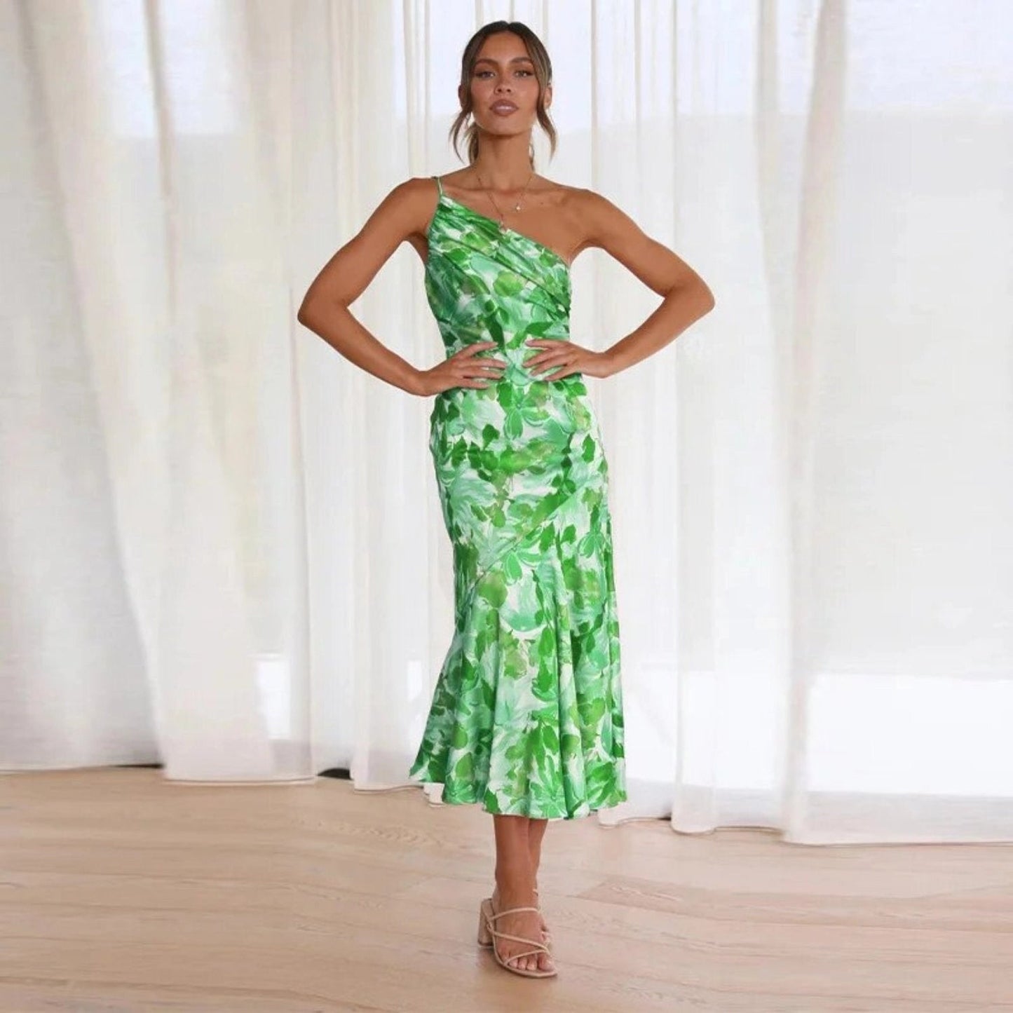 Noelle | One Shoulder Floral Summer Wedding Guest Midi Dress