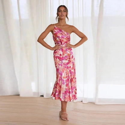 Noelle | One Shoulder Floral Summer Wedding Guest Midi Dress