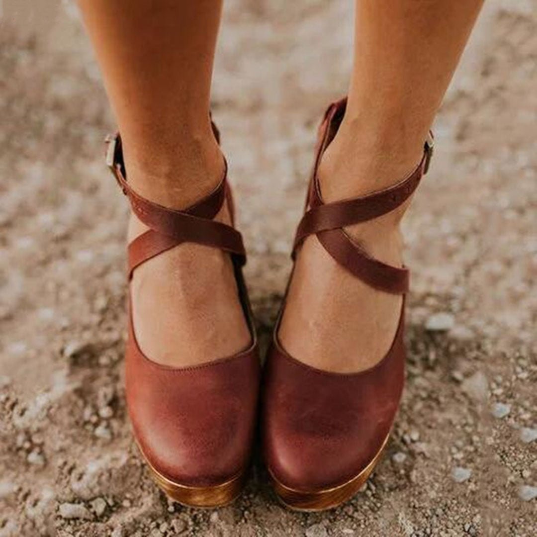 Reese | Crossover Ankle Strap Wooden Wedge Heels