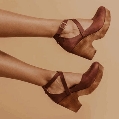 Reese | Crossover Ankle Strap Wooden Wedge Heels