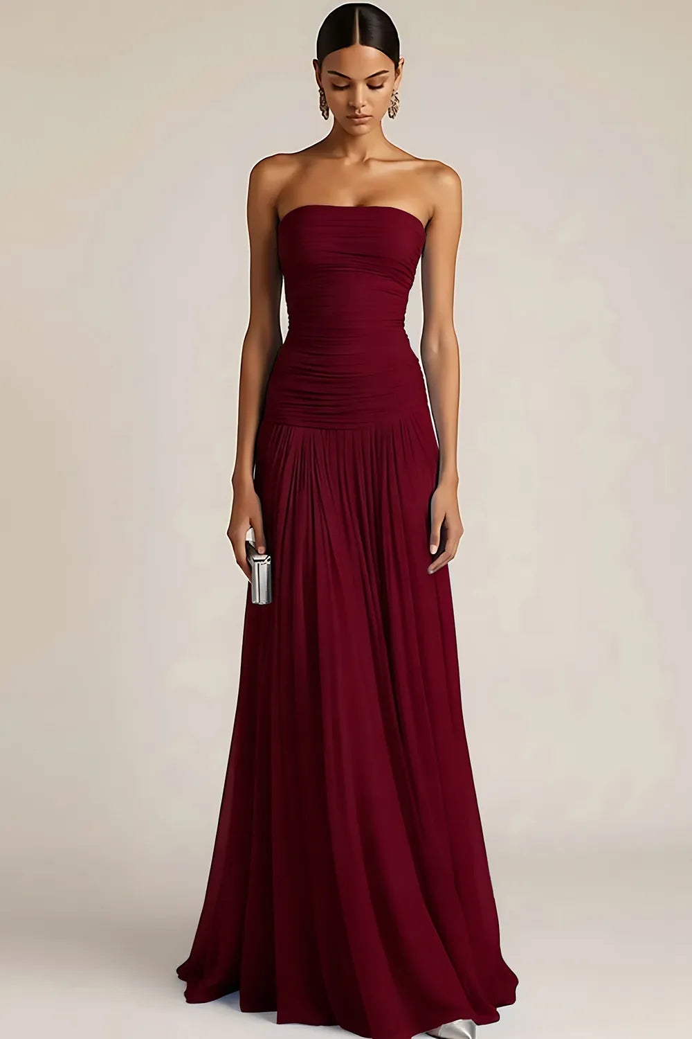 Gwen | Ruched Strapless Drop Waist Maxi Bridesmaid Dress