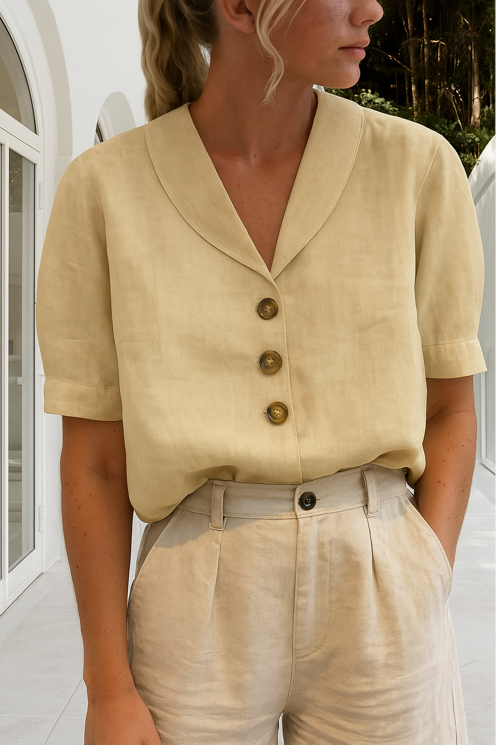 Nora | Collared V Neck Button Up Blouse