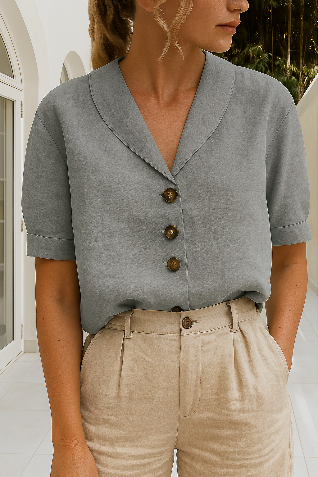 Nora | Collared V Neck Button Up Blouse