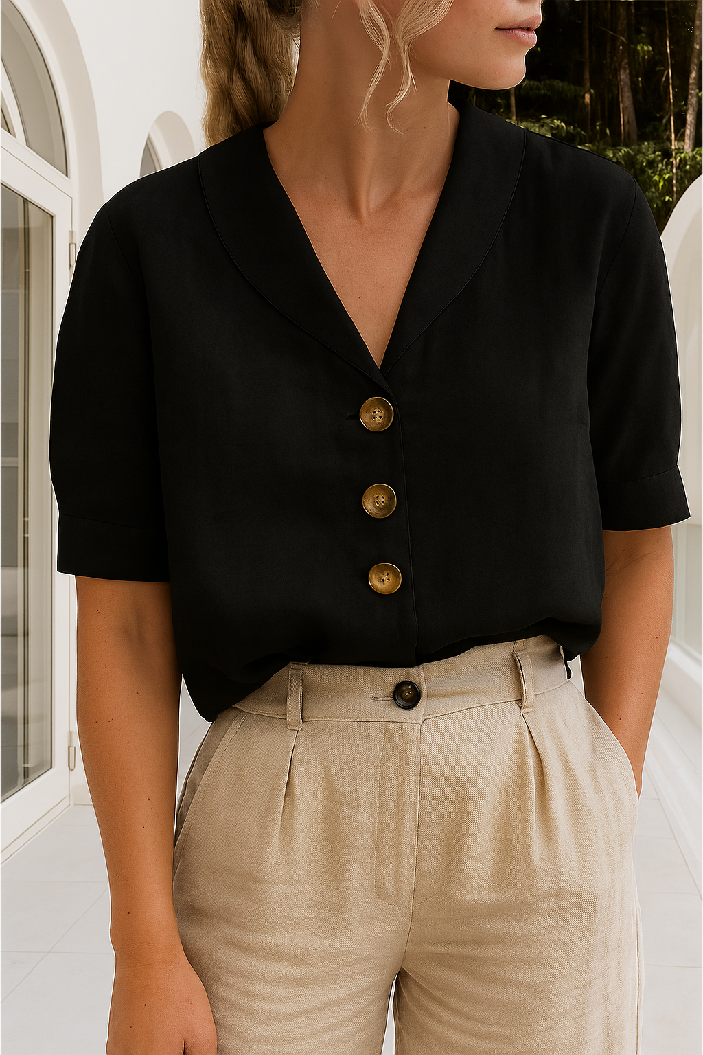 Nora | Collared V Neck Button Up Blouse