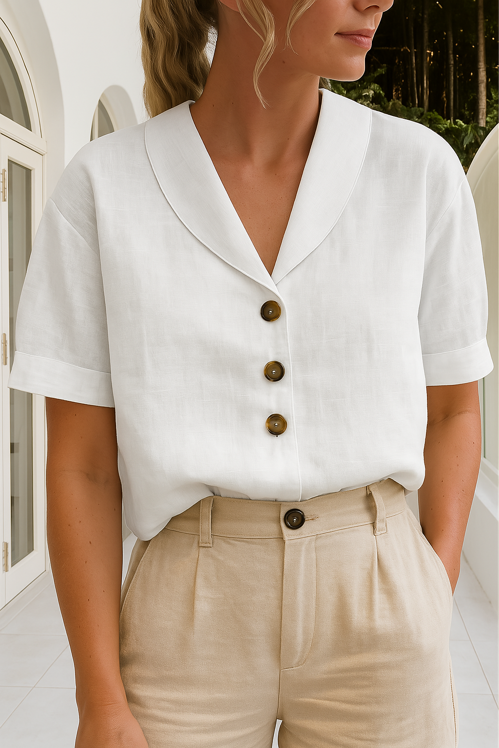 Nora | Collared V Neck Button Up Blouse