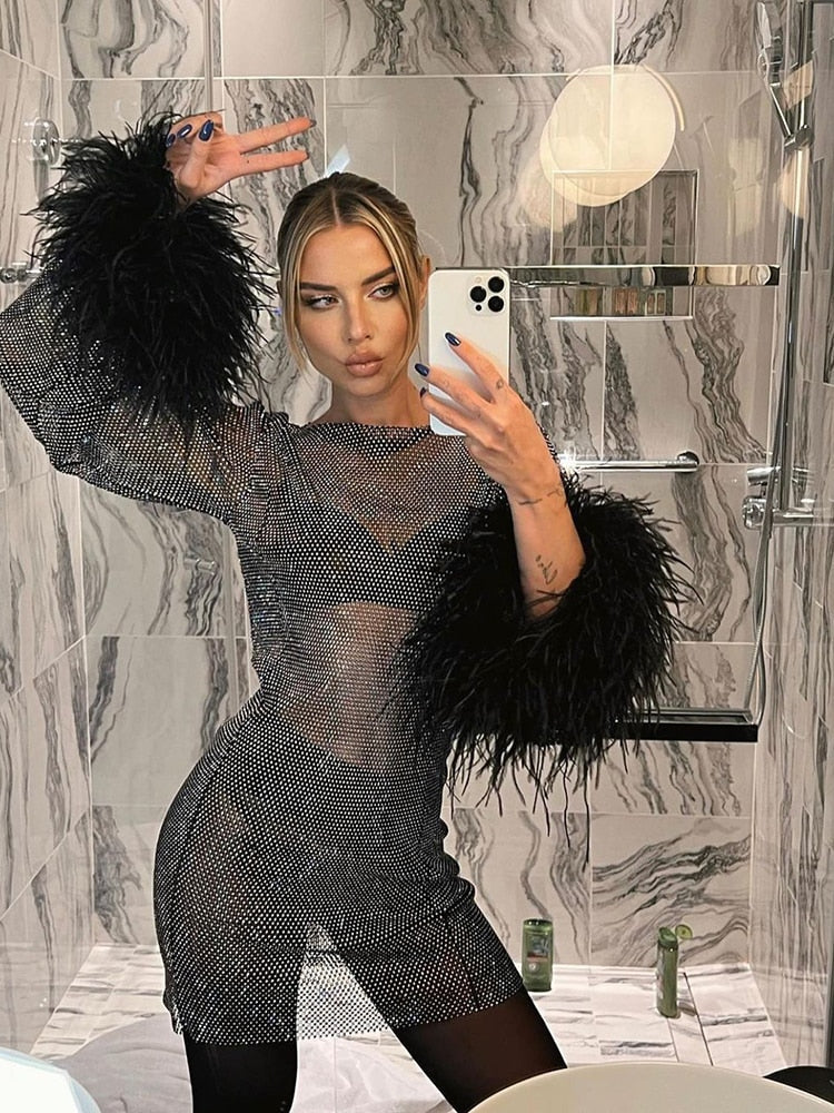 Harlow | Sequin Feather Cuff Cocktail Mini Dress