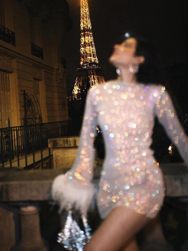 Harlow | Sequin Feather Cuff Cocktail Mini Dress