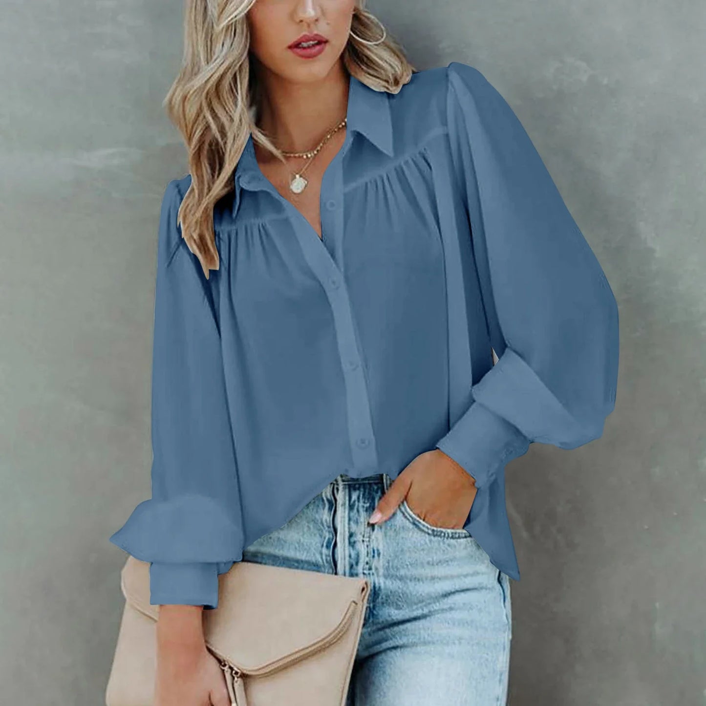 Gathered Chiffon Button Down Blouse with Long Sleeves